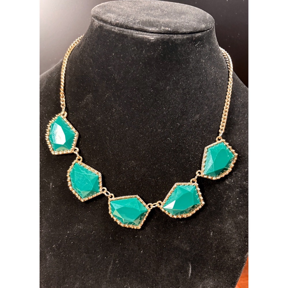 Dark Teal Bold Bib Necklace Women Gold Tone Geometric Faceted Statement Stone
